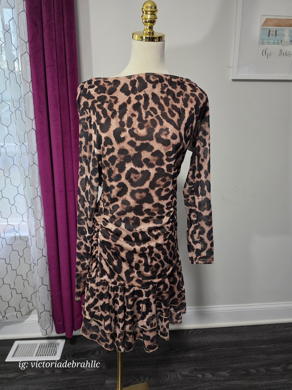 Leopard Print Long Sleeve Ruched Ruffle Dress - Brown/Black
